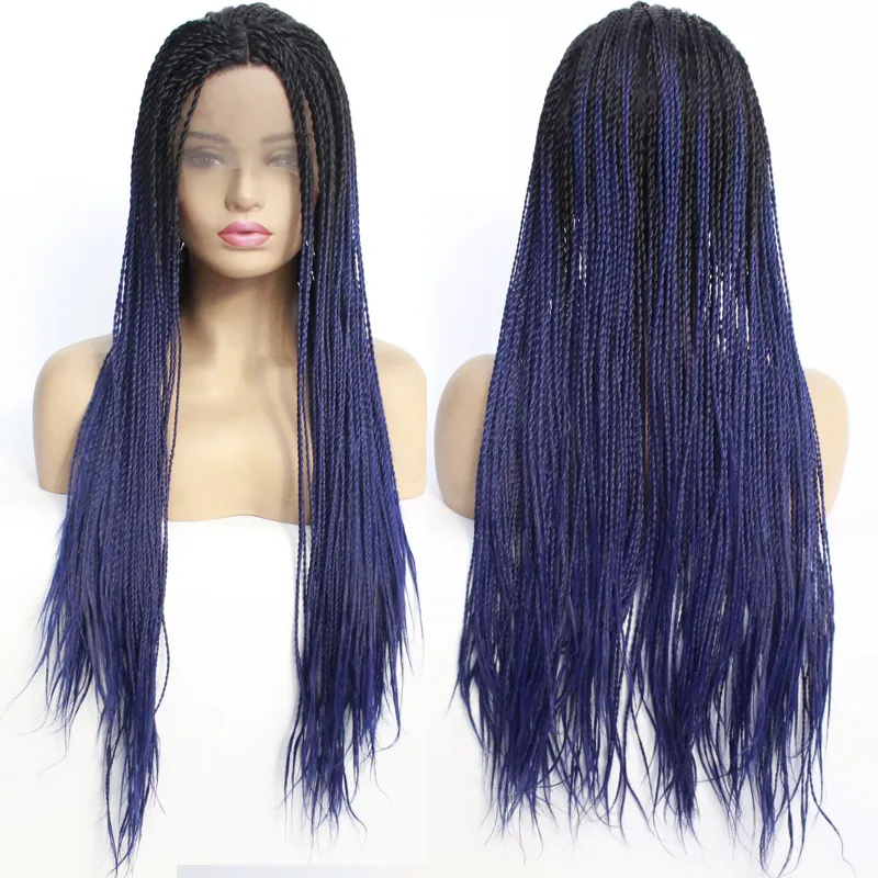 Deux tons Ombre 1B / Violet Twist Lace Front perruques synthétiques résistant à la chaleur cheveux moitié main attachée perruques tressées partie libre pour les femmes noires