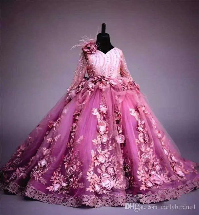 New Arrival Long Sleeves Flower Girl Dress Fuchsia 3D Flowers Princess Party Gown Luxury Ball Gown Girl Formal Wedding Pageat Dresses
