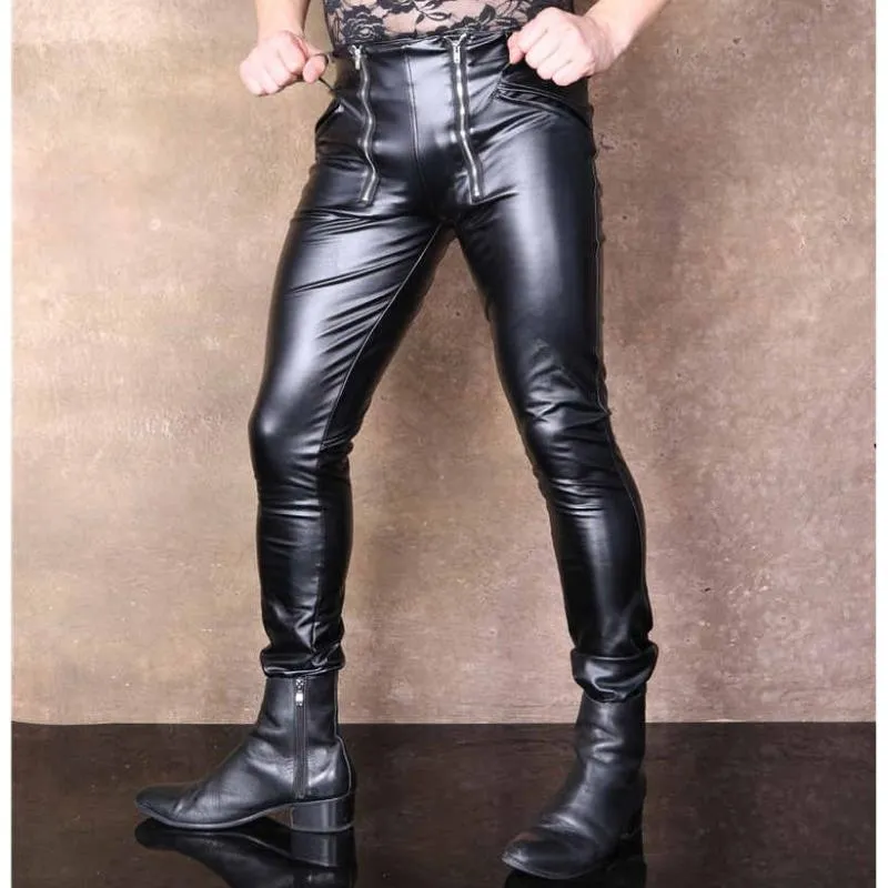 Mens Sexy Motorcycle PU Leather Pants With Zipper And Crotch