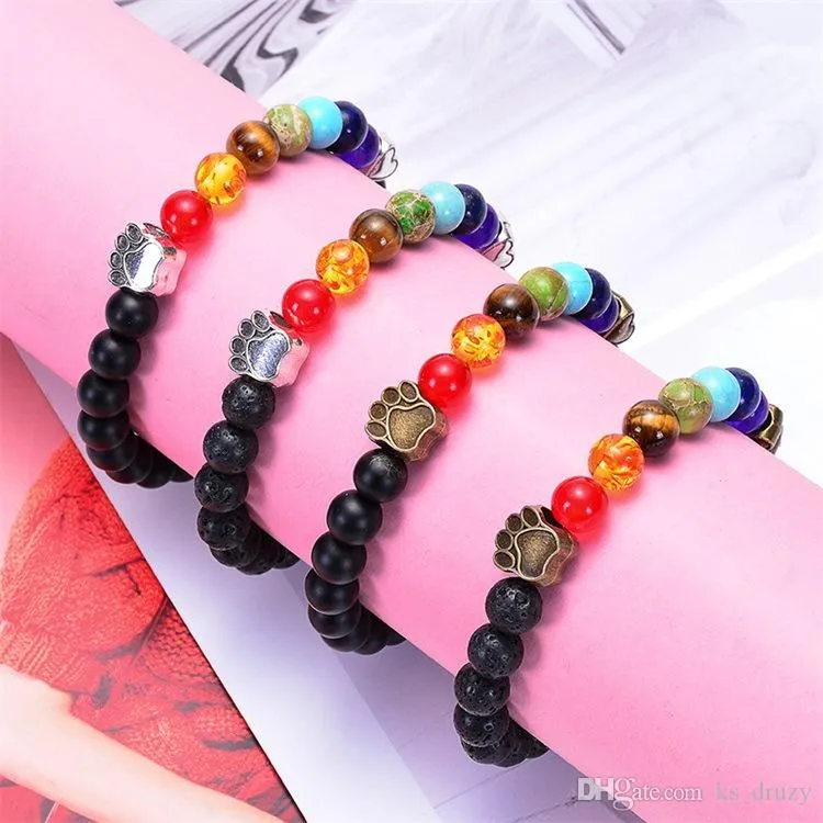 8mm sept Chakra lave pierre volcanique chien patte coeur Bracelet énergie Yoga huile essentielle diffuseur Bracelet femmes bijoux