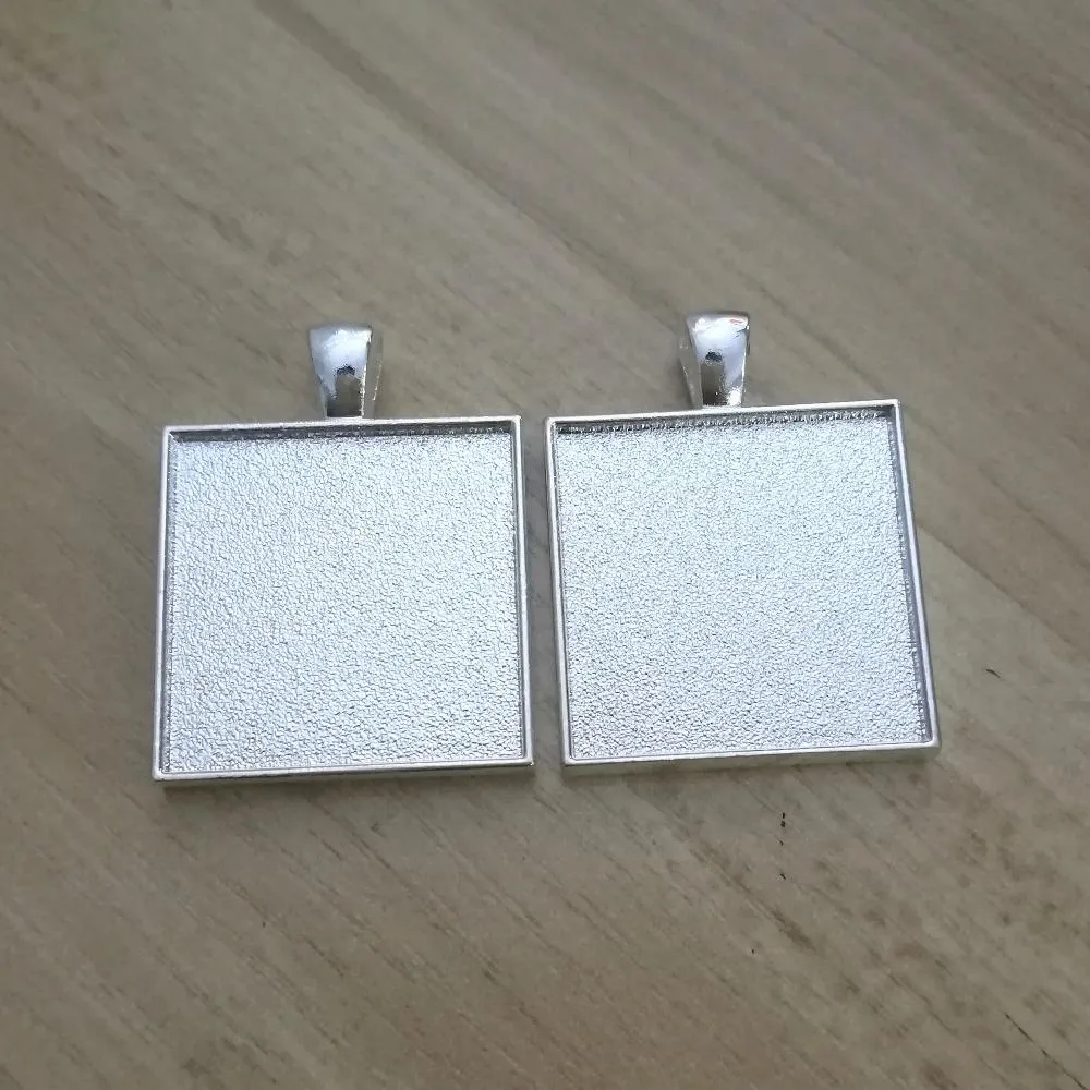 25mm Double Sided Pendant Tray, Shiny Silver Two Sided Pendant Blank, 25mm Square Bezel Tray Setting