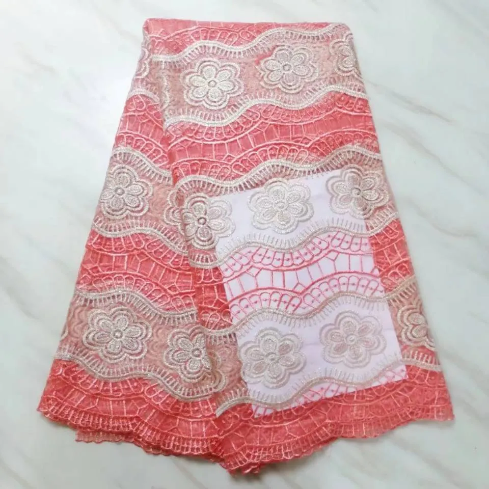 5yards PC Nice Pêssego Pêssego Francês Lace Tecido com estilo de flor Africano Malha Bordado para vestido BN1202