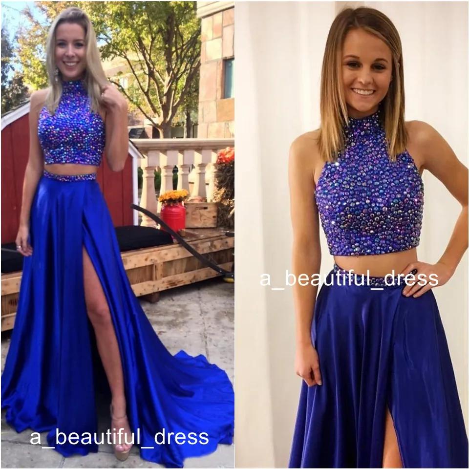 Rhinestones Beaded Crop Top Two Piece Prom Dresses High Neck Long Party Evening Gowns SexySplit Side vestido longo de festa formatura ED1240