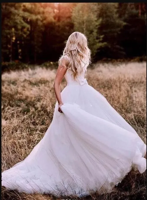 Batı Ülke Saten Tül A-Line Gelinlik 2019 Bohemian Basit Backless Gelinlikler Artı Boyutu Yay ile Ucuz Abiti Da Sposa