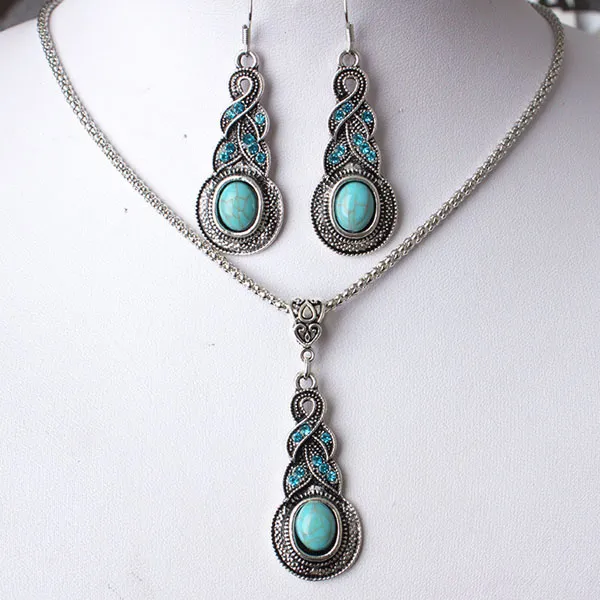 Hot Fashion Sieraden Set Vintage Blauw Turquoise Ketting Oorbellen Set S644