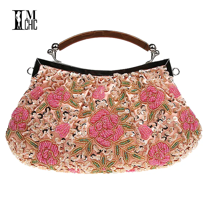 Designer- Embroidery Beaded Women Clutch Bag Vintage Flower Sequins Evening Party Handbags Wedding Bridal Tote Bags Handmade Women Bag