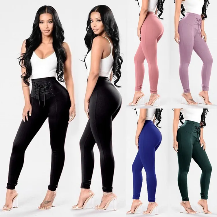 Women Long Pants Bandage Elastic Pencil Pants Casual High Waist Trousers Solid Belt Bow Skinny Legging Jogger Trousers ClothingYFA865