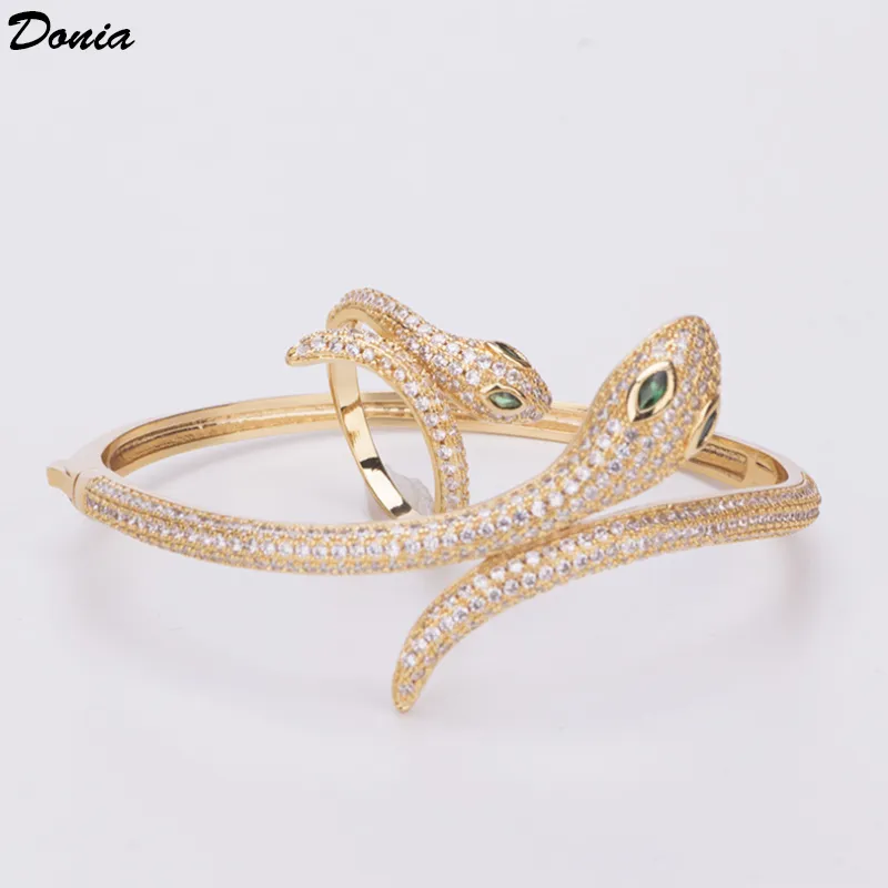 Donia Smycken Lyx Bangle European och American Fashion Averdrift Classic Ferocious Snake-Shapter Copper Inlaid Zirconia Bracelet Ring Set Present