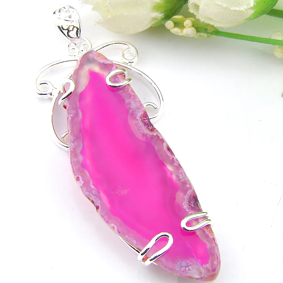 LuckyShine Gorgeous Handmade Cut Pink Natural Agate Gemstone Silver Charming Necklace Pendants