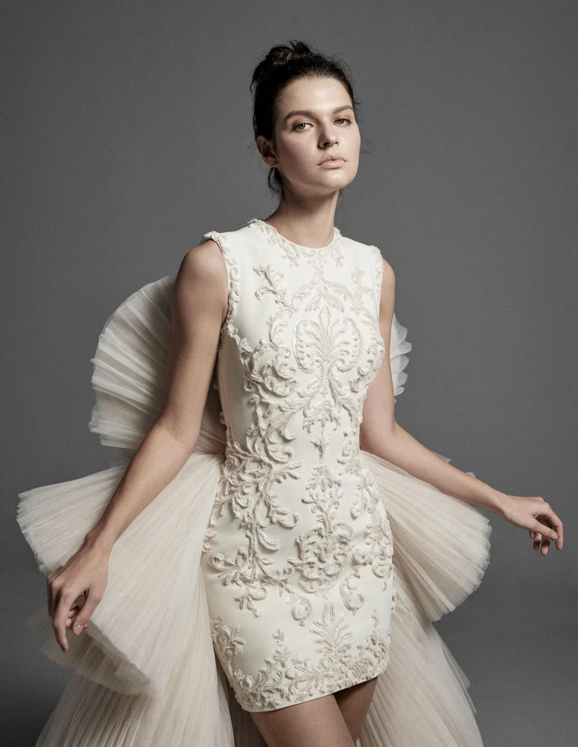 Custom-made Bohemian layered wedding dress with Detachable Train, Tulle Ruffles, Tiered Skirt, and High-Low Hemline