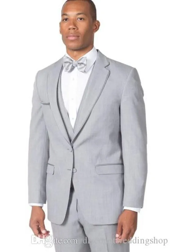 Wysokiej jakości Light Grey Groom Tuxedos Notch Lapel Men Work Suit Prom Blazer Party Garnitury (kurtka + spodnie + kamizelka + krawat) J670