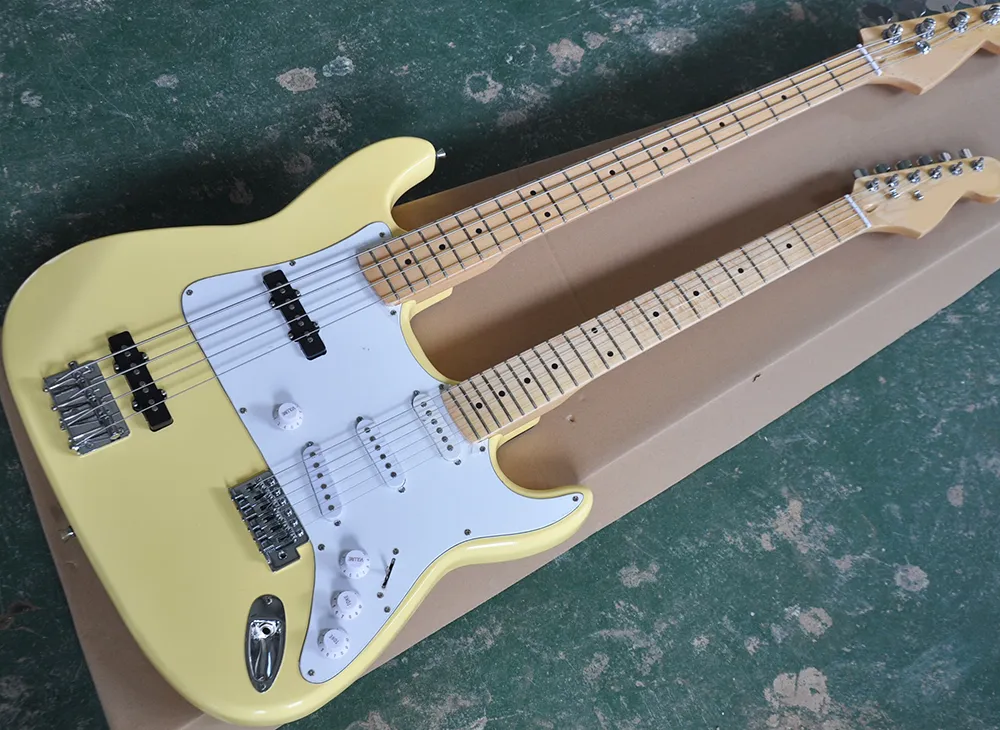 Double Neck Yellow body 4+6 Strings Electric Guitar and Bass with White Pickguard,Chrome Hardware,Maple Fingerboard,can be customized