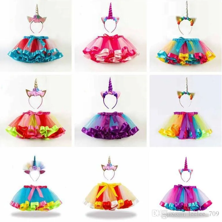 Faldas de tutús de Color arcoíris para niñas pequeñas, diadema de unicornio, conjunto de 2 uds, conjunto de ropa encantadora para bebés, vestido de vacaciones para niños pequeños