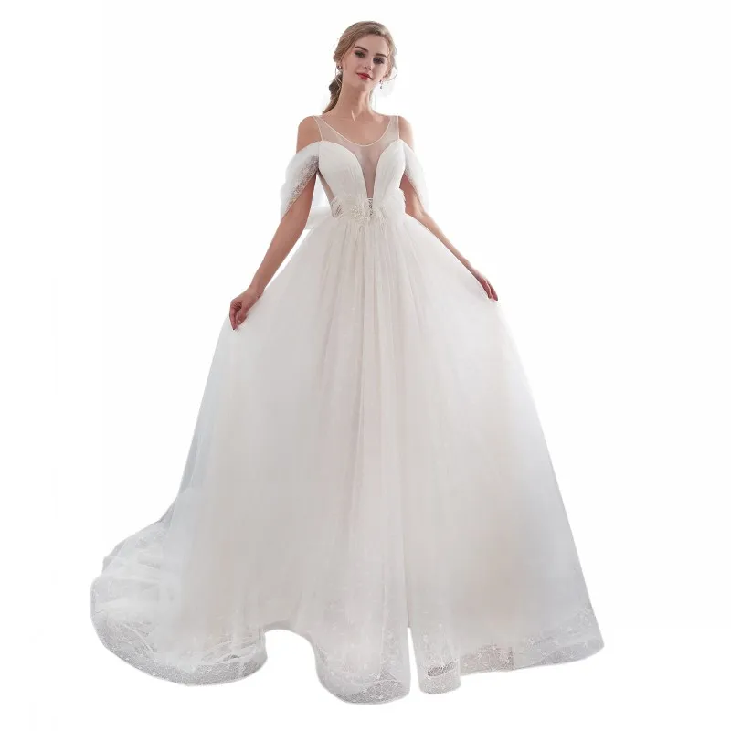 Utanför axeln Sheer Neck Prom Klänningar Ruffle Lignt Champagne Lining Lace Formell Eveing ​​Party Gown Lace-up Backless Bridal Gown