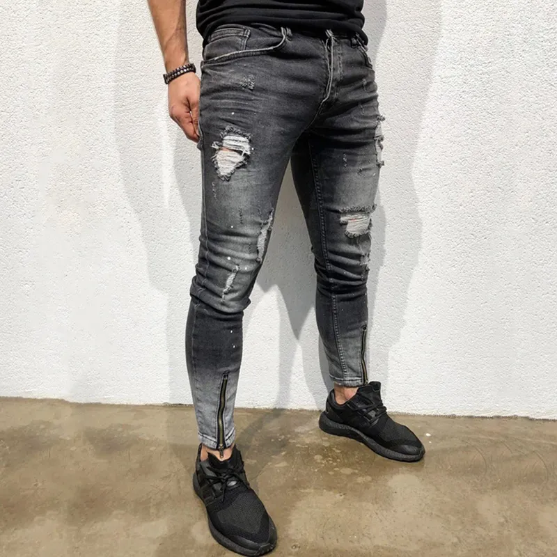 Jean slim vintage pour hommes Pomo detruit bas dechire fermeture eclair elasticite mode trous aux genoux Streetwear pantalon de motard