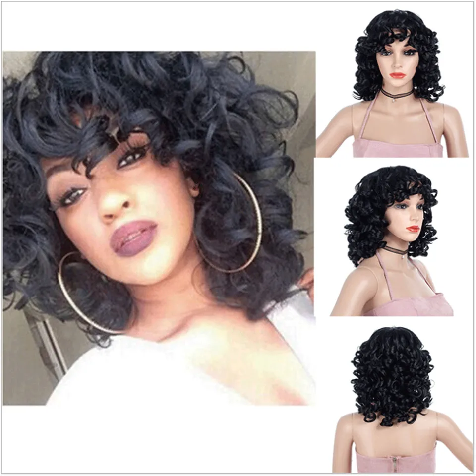 Afro Wig Synthetic hair Heat Resistant Fiber Natural Black Short Curly Hairs Wigs For Black Women