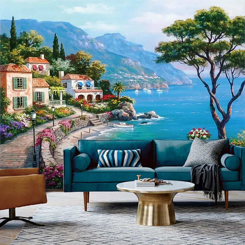 مخصص 3d جدارية خلفيات البحر الأبيض المتوسط ​​النفط اللوحة المشهد جدار الأوراق ديكور المنزل غرفة المعيشة أريكة التلفزيون خلفية ورق الحائط