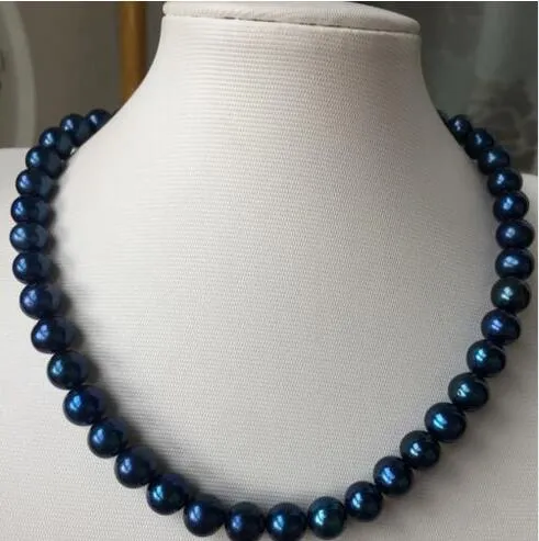 Collier de perles de haute qualité de 9-10 mm Tahitian Black Blue 18 pouces argent 925