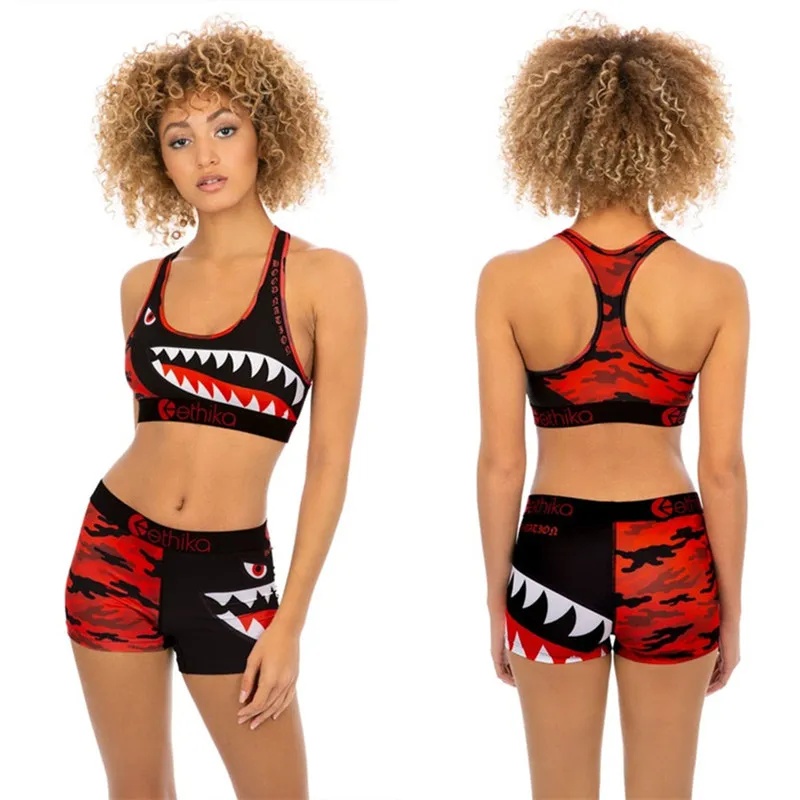 Womens Shark Plaid Swimwear Set Back Bikini Bra And Shorts A3212