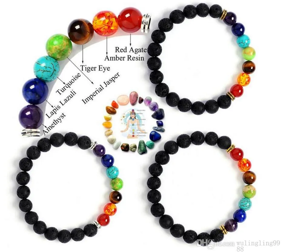 Natural Black Lava Bracelets de pierre 7 Chakra Reiki équilibre perles Bracelet pour Hommes Femmes Bracelets de yoga stretch