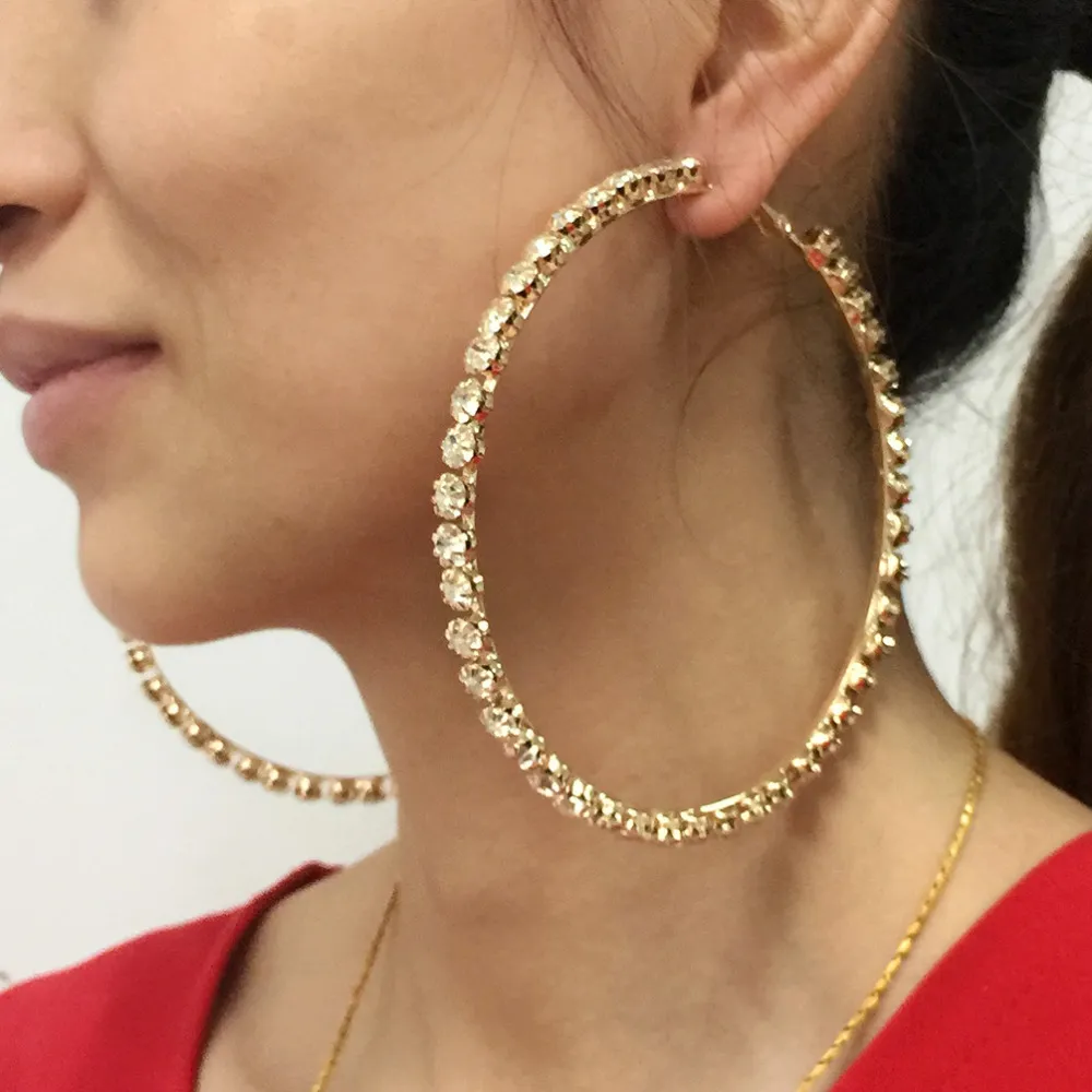 Średnia średnia 97mm Duża Kryształowa Hoop Kolczyki Dla Kobiet 2018 Rhinestones Instrukcja Kolczyki Brincos Jewelry