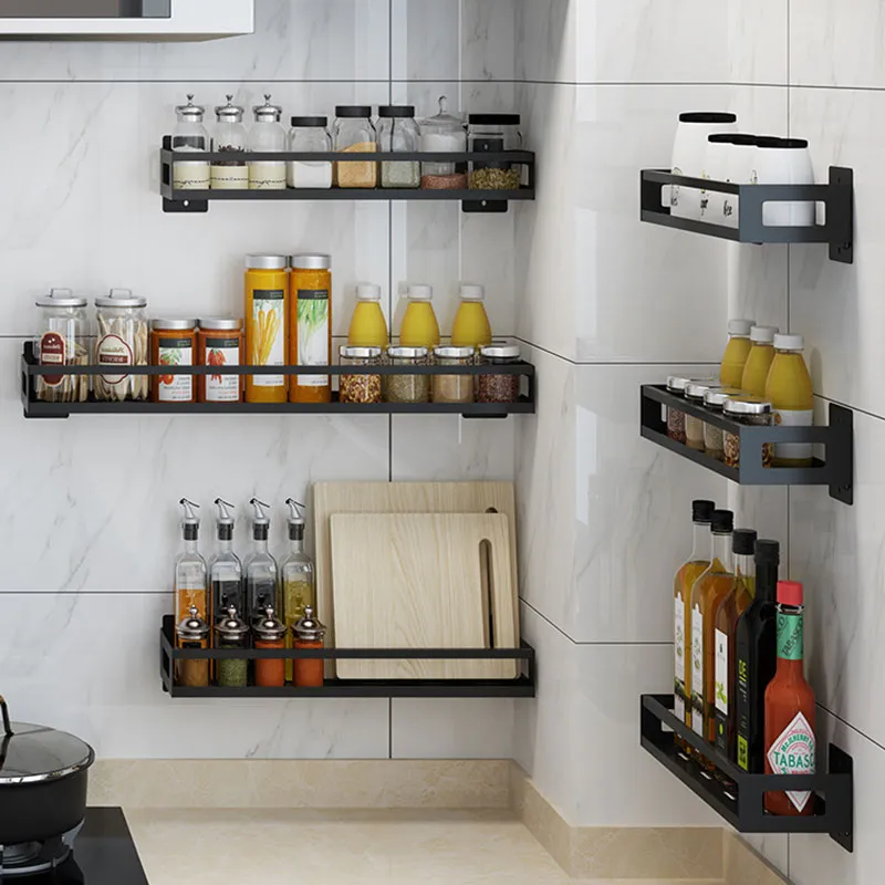 kitchen rack Stainless steel spice rack free punching wall-mounted oil salt sauce vinegar storage bathroom wall shelf