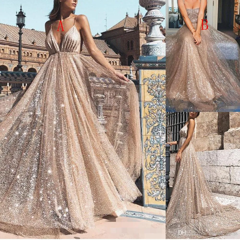 Sparkly Rose Gold lantejoulas Prom Dresses Spaghetti Backless até o chão uma linha de vestidos de noite formal da ocasião especial Vestido Vestidos