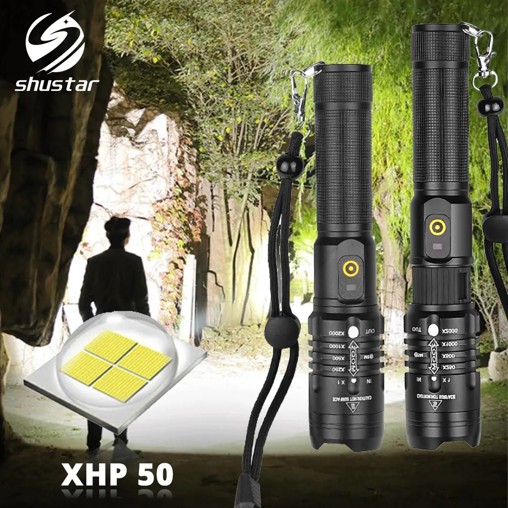 XHP50 Tactics Latarka LED 3 Tryby oświetleniowe Zoomable Turch Użyj 18650 Bateria Nadaje się do przygód na świeżym powietrzu