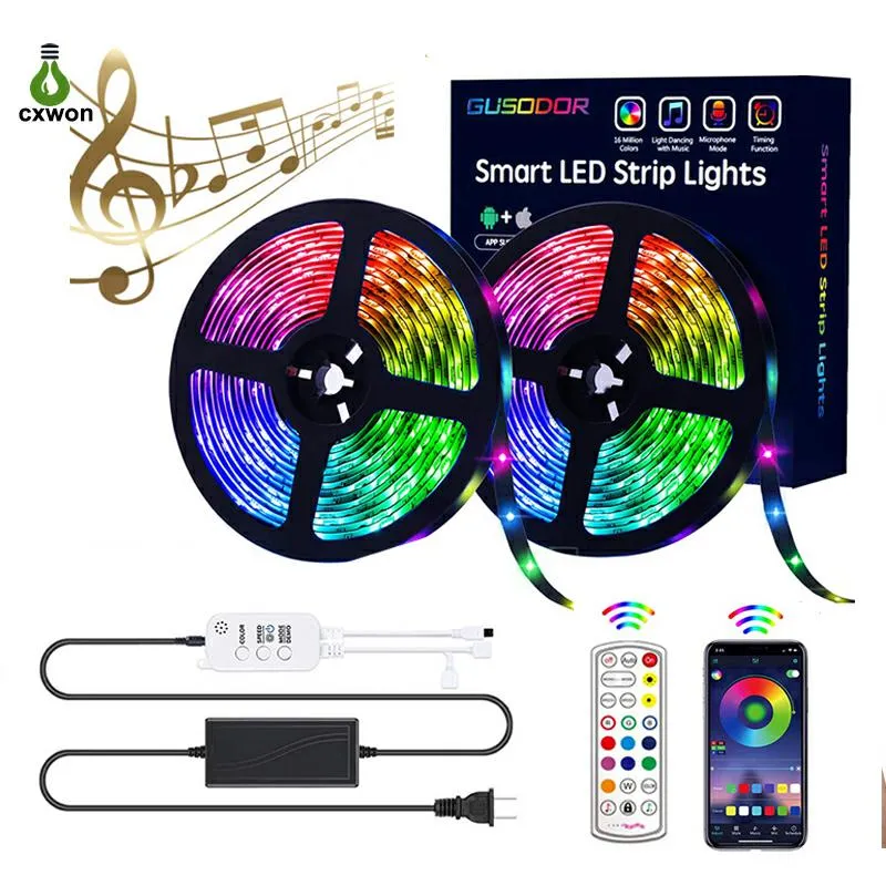 Kit de bandes lumineuses à LED 16.4ft 32.8ft 30LEDs / M 150LED 300LED SMD5050 Bluetooth Music Sync avec 24Keys Remote Home Party Rope RGB Light Tape