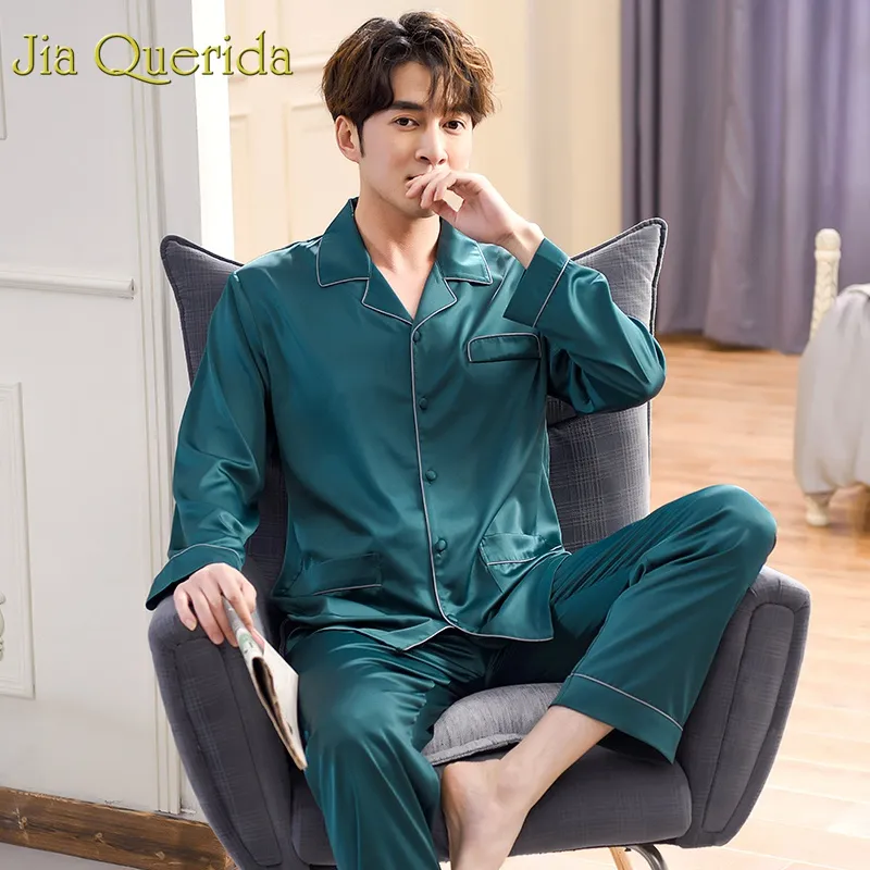 JQ Herren-Pyjama-Set, modisch, 2019, Satin-Nachtwäsche für Herren, edle Nachtwäsche mit langen Ärmeln, grüner Pyjama, 2-teiliges Seiden-Männer-Satin-Pyjama