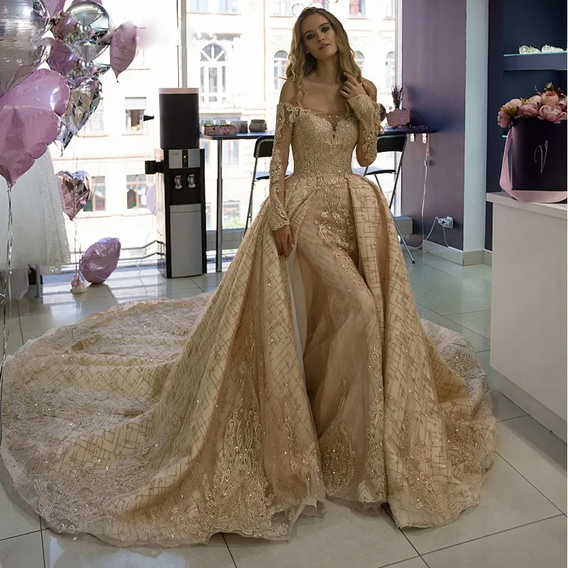 Suknie ślubne Szampana Mermaid Odpinany pociąg Od Ramię Z Długim Rękawem Koronki Aplikacje Cekinowe Suknie Ślubne Dubaju