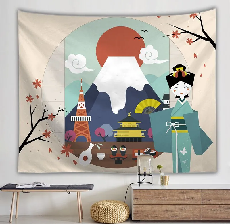 Dessin animé japonais tapisserie paysage tenture murale décor sakura tapisseries tissu imprimé polyester tapiz maison décoration de la maison