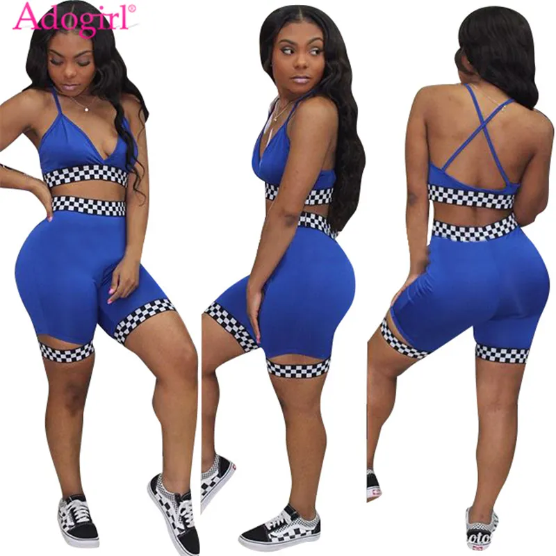 Adogirl Women Two Piece Set Outfit Checkerboard Plaid Race Suit Bh Top and Shorts Female Tracksuit Summer Club Passar Sportswear D19011104