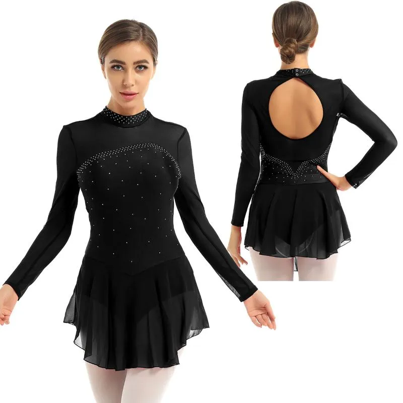 Stage Wear Women Shiny Rhinestone Mesh Long Sleeve Figure Stage Wear Women Shiny Rhinestone Mesh Long Sleeve Figure