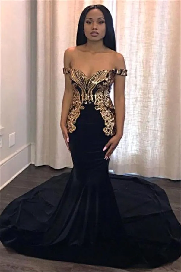 Sexy 2019 Gold Metal Applique Mermaid Long Prom Dresses Black Off The Shoulder Satin Sweep Train Formal Party Evening Gowns