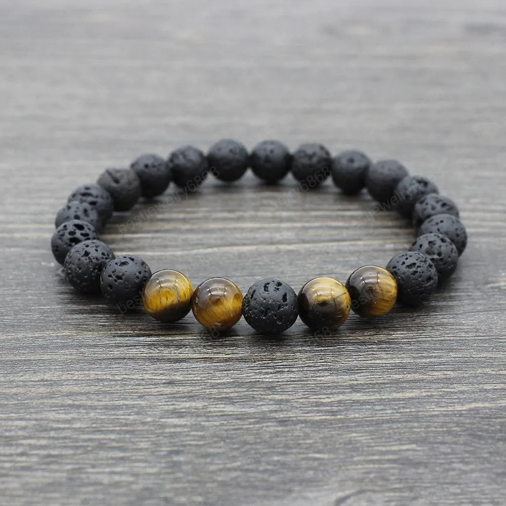 Lava Stone Breads Bracelets Natural Black Elastic Bracelet Vulcânica Rock Strings Mão Yoga 7 Chakra Men Bracelet6402059