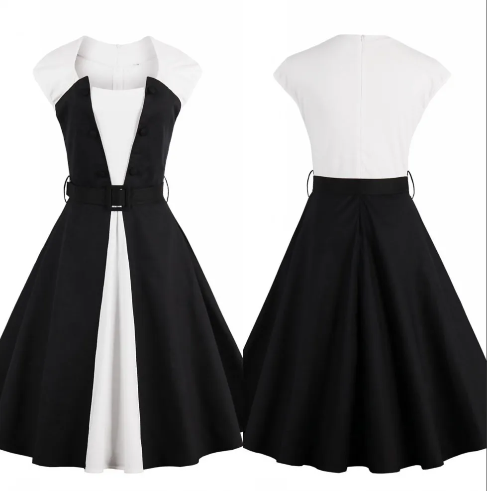 Patchwork blanco y negro Vestidos de trabajo para mujer Vestidos formales listos para trabajar Vestidos Una línea Sin mangas Hasta la rodilla Vestido de fiesta informal FS1414