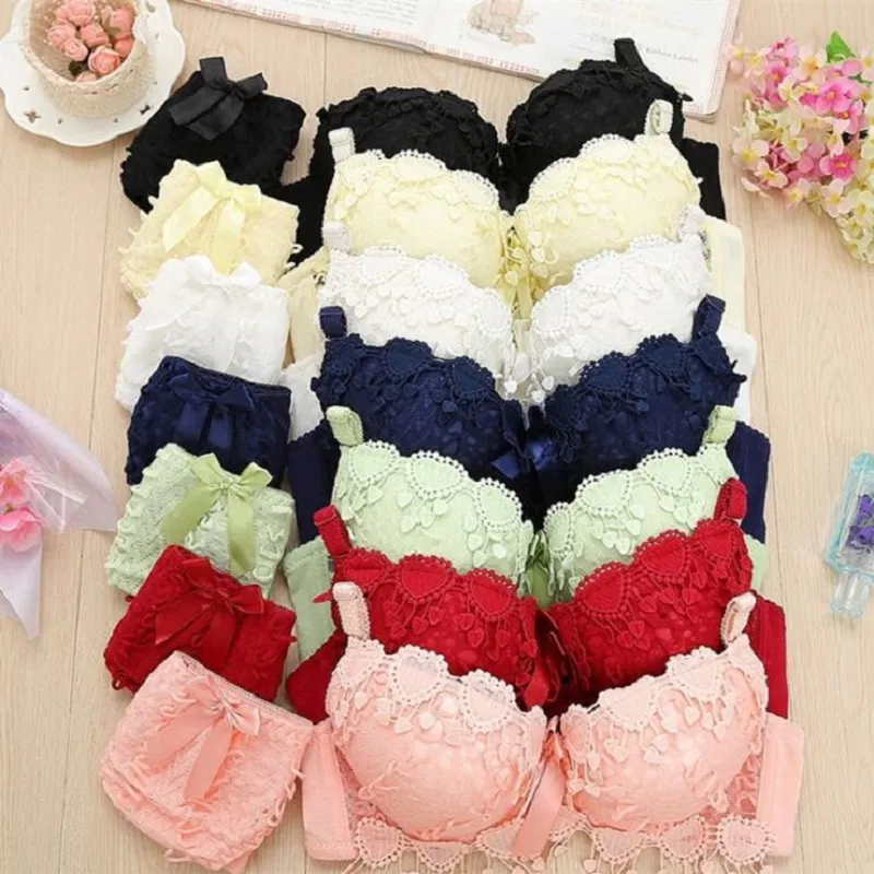 Japanese Sexy Cute Embroidery Flower Print Push Up Bra And Panty Set Lace  Lounge Underwear Women
