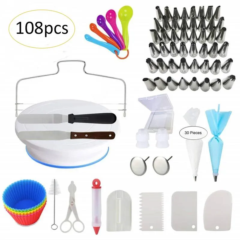 108 Piece Cake Decorating Supplies Turntable Piping Tips Nozzle Pastry Bag Ställ DIY Cake Baking Tool