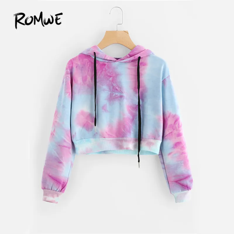 Romwe Water Color Crop Hoodies Multicolor Casual Women Drawstring
