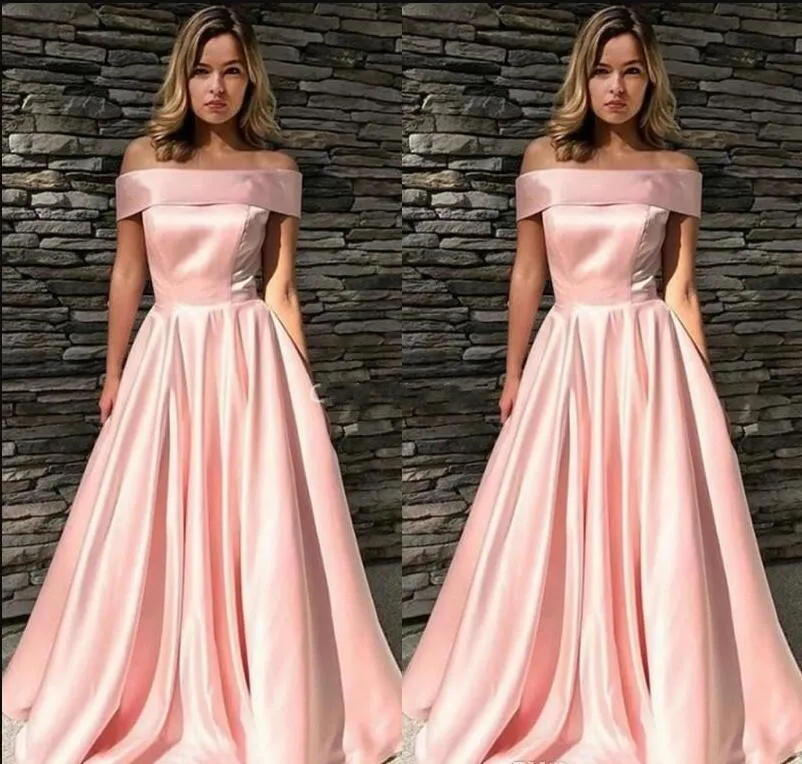 Enkel Rosa Prom Klänningar 2020 Stain Off The Shoulder A-Line Graduation Formal Evening Party Gowns Sweep Train Billiga Skräddarsydda Robes