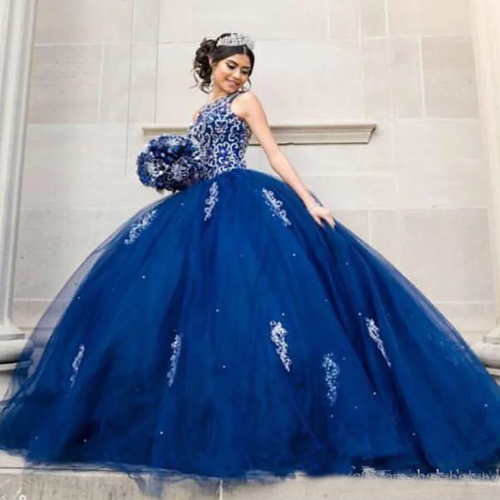 Luxuosos cristais frisados vestidos de renda quinceanera tripulação sem costas azul royal vestido de baile festa à noite doce 16 vestidos de baile