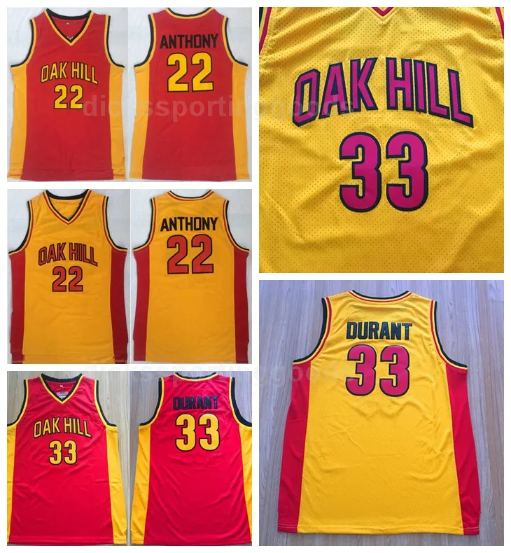 NCAA College Oak Hill 33 Kevin Durant Jersey Mannen Middelbare school Basketbal 22 Carmelo Anthony Jerseys Team Geel Rood weg voor sportfans