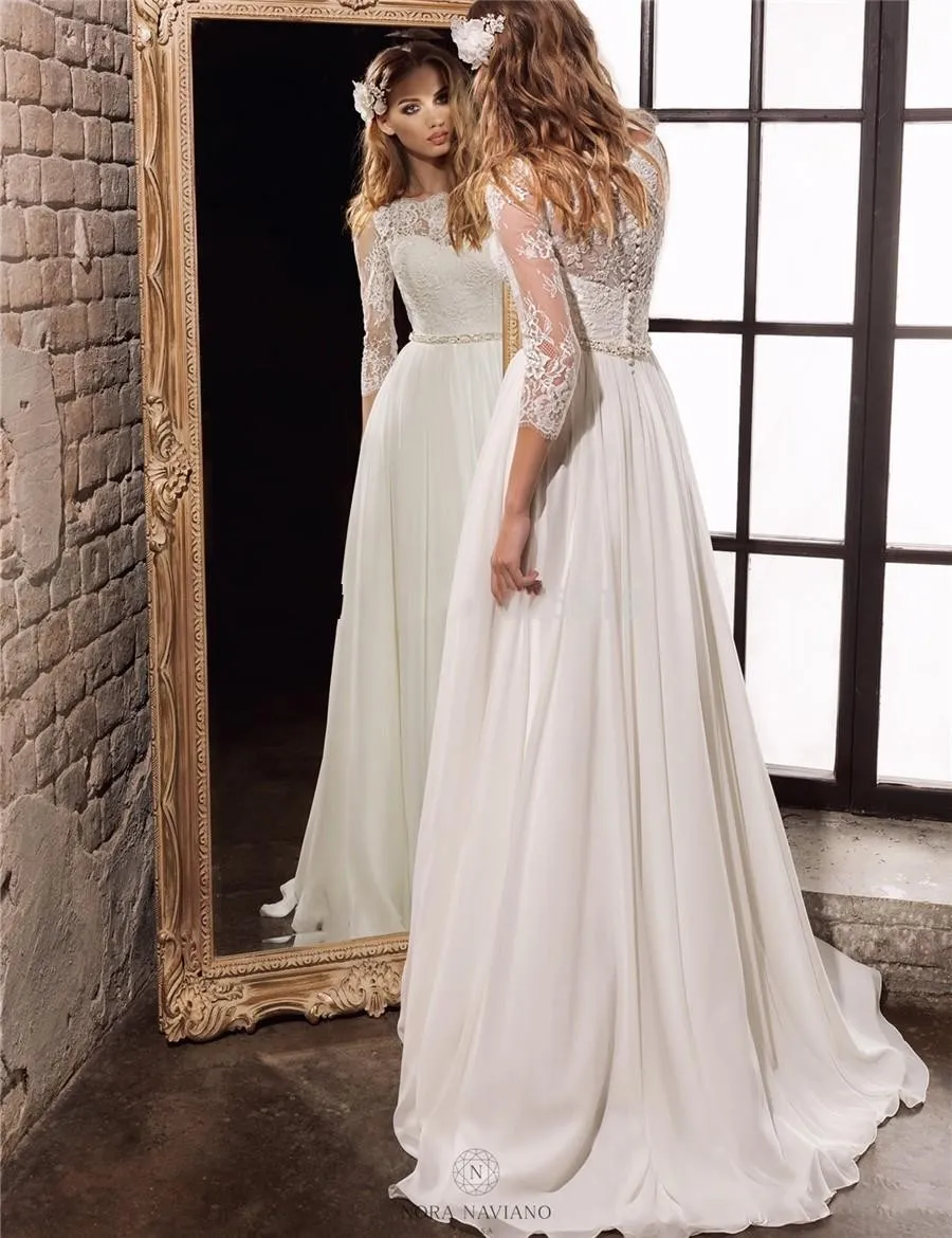 Elegant Beach Wedding Dresses Lace Top Bateau Chiffon Bohemian Wedding Dress with 3 4 Long Sleeves Bridal Gowns