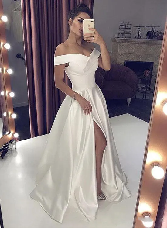 2019 Sexig V Neck Long White Prom-klänning med hög delad elegant a-line kvinna från axelkvällen formella klänningar2590