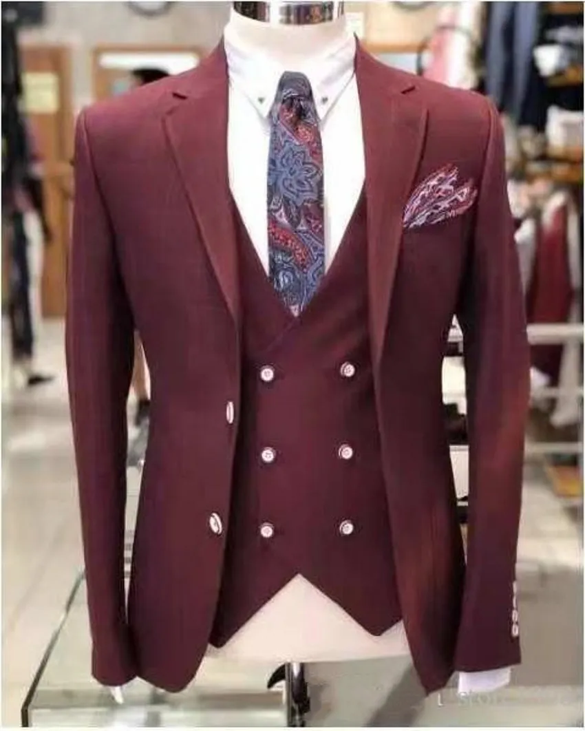 Abito bordeaux 3 pezzi Uomo Smoking da sposa Notch Risvolto Sposo Groomsmen Abiti Uomo Business Party Prom Blazer (Giacca + Pantaloni + Cravatta + Gilet) 2288