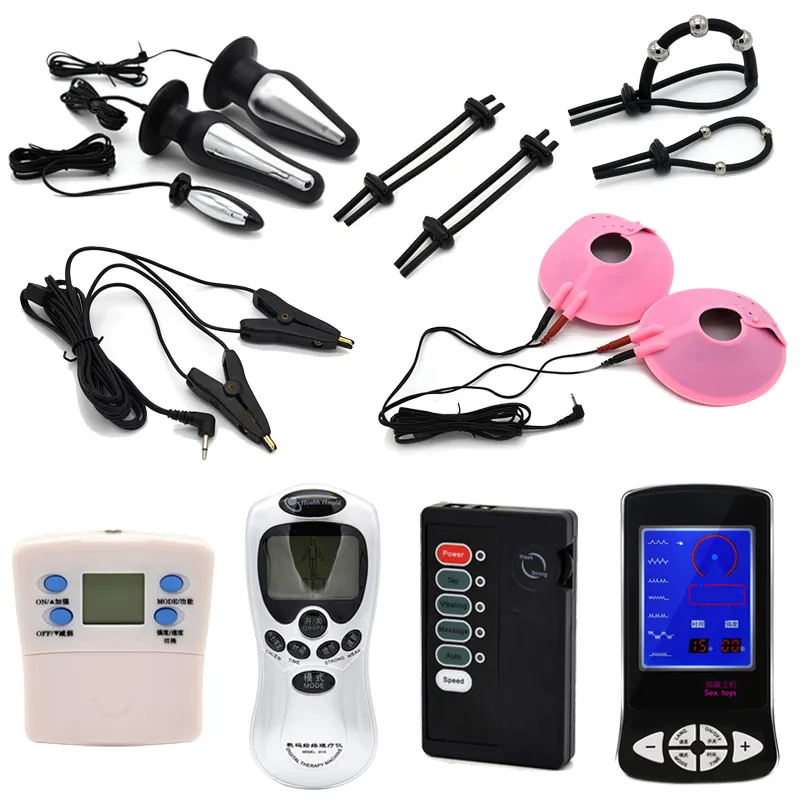 Electric Shock Kit Electro Pulse Stimulation Penis Rings Massage Glans Orgasm Vibrator Butt Anal Plug Nipple Clamps Sex Toys C18122501