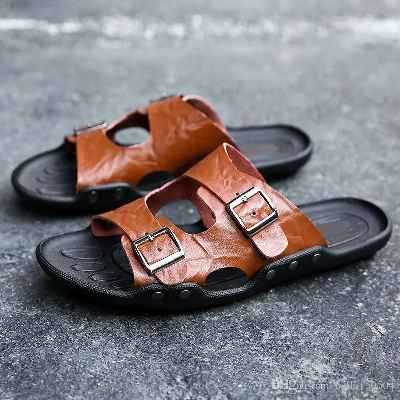 Genuine Leather Slippers Mens Flat Sandals Women Shoes Double Buckle Famous Brand Arizona Summer Beach Flip Flops high Quality