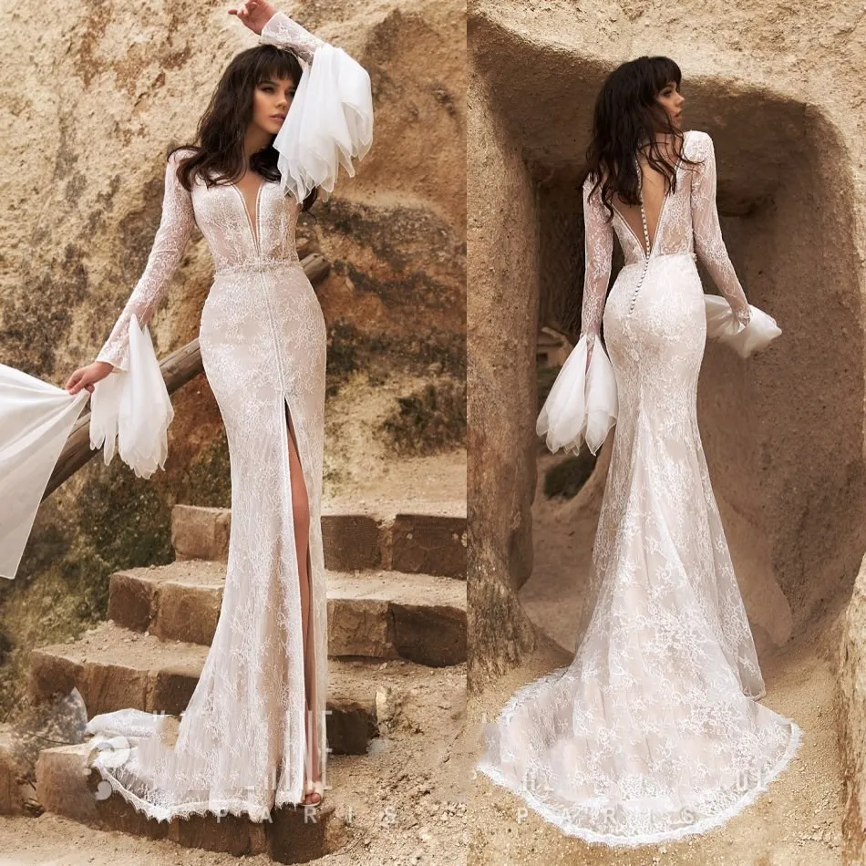 2019 BOHO Mermaid Gelinlik Plaj Uzun Kollu Dantel Gelinlikler Ön Bölünmüş Yüksek Moda Gelinlik Robes de Mariée