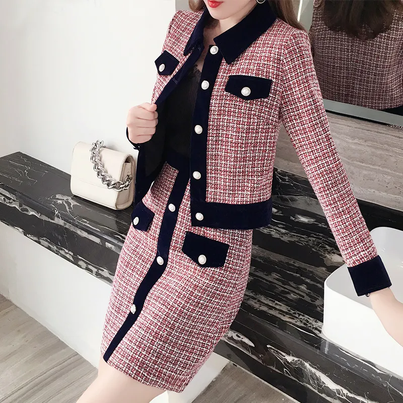 Mulheres Mulheres Tweed Vintage Dois Parte Saia Suits Conjuntos Botões Revestimento e A-Line Skirt Outfits Define elegante moda 2 peças conjuntos